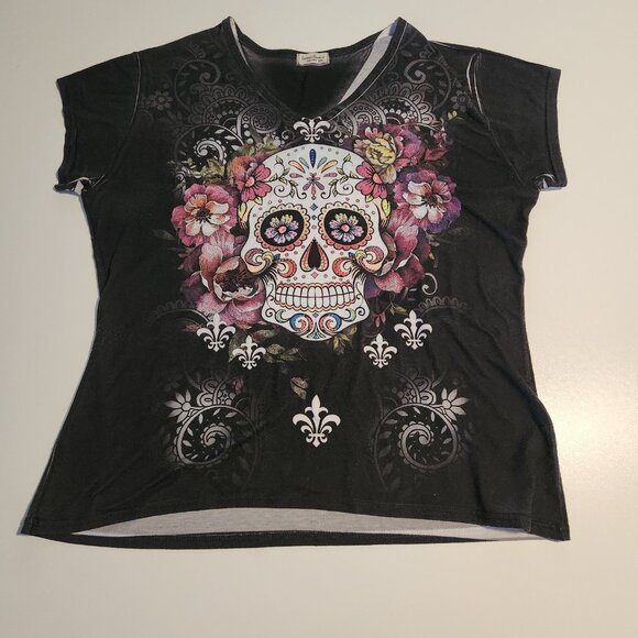 Sweet Gisele Sugar Skull T-Shirt Rhinestone Embellished Double Sided Womens XXL - Picture 6 of 9